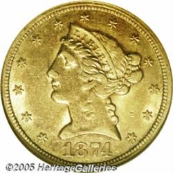 1874-CC $5 AU55 NGC. The 1874-CC has the highest 