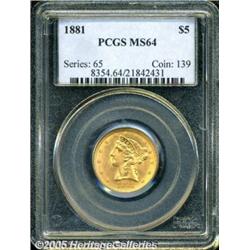 1881 $5 MS64 PCGS. Green-gold color endows the bo