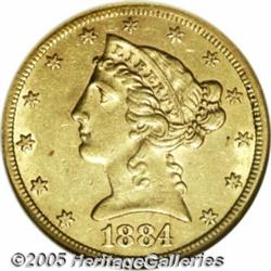 1884-CC $5 AU58 NGC. Variety 1-A. With the lone e