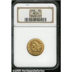 1888 $5 MS61 NGC. The surfaces portray a brassy-g
