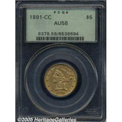 1891-CC $5 AU58 PCGS. A satiny, lightly worn, som