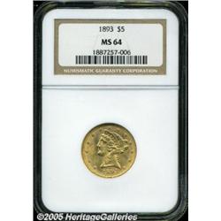 1893 $5 MS64 NGC. A boldly struck sunrise-gold ne