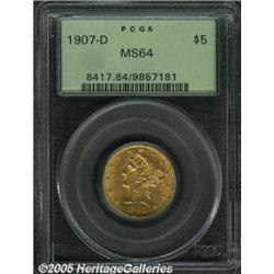1907-D $5 MS64 PCGS. Well struck with bright, spa