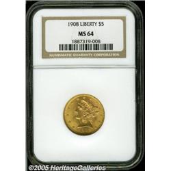 1908 $5 MS64 NGC. Boldly struck with pleasing sat