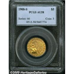 1908-S $5 AU58 PCGS. Deep orange-gold coloration 