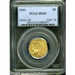 1913 $5 MS63 PCGS. Bright honey-gold surfaces dis