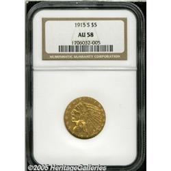 1915-S $5 AU58 NGC. Boldly struck and satiny, wit