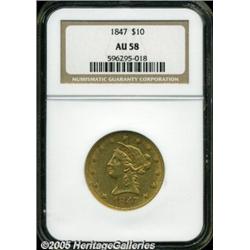1847 $10 AU58 NGC. Orange-gold patina bathes each