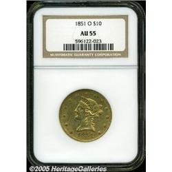 1851-O $10 AU55 NGC. An abraded golden-brown repr