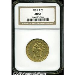 1852 $10 AU55 NGC. Considerable luster and relati