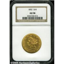1852 $10 AU58 NGC. Sharply struck, with peach-gol