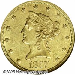 1857 $10 AU55 NGC. An attractive example of this 