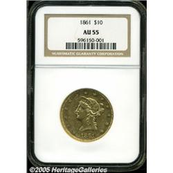 1861 $10 AU55 NGC. A light yellow-gold example, s