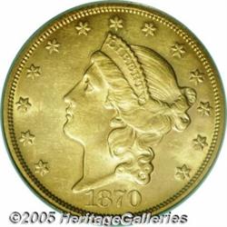 1870-S $20 AU58 PCGS. Pale yellow-gold luster wit