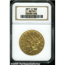1871-S $20 AU50 NGC. Considerable luster remains 