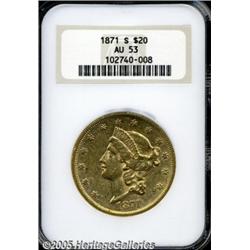 1871-S $20 AU53 NGC. Slightly subdued yellow-gold
