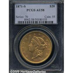 1871-S $20 AU58 PCGS. Rich copper-gold in color, 