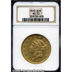 1872 $20 AU53 NGC. This yellow-gold double eagle 