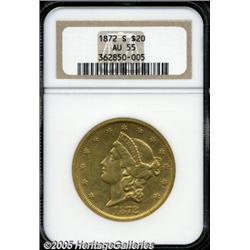 1872-S $20 AU55 NGC. Luster percolates from reces