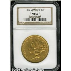 1873 $20 Closed 3 AU50 NGC. Strong luster for the