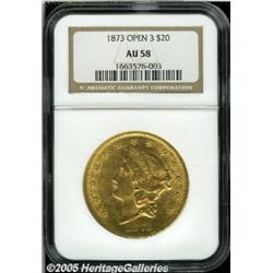 1873 $20 Open 3 AU58 NGC. This lemon-gold Type Tw