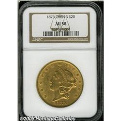 1873 $20 Open 3 AU58 NGC. Sharply defined for the