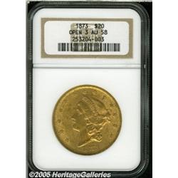 1873 $20 Open 3 AU58 NGC. Well struck and light i
