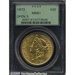 1873 $20 Open 3 MS61 PCGS. A bright and lustrous 