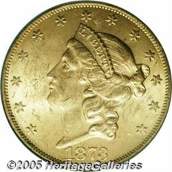 1873 $20 Open 3 MS62 PCGS. A very sharply struck 