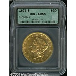 1873-S $20 Closed 3 AU55 ICG. Well struck with br