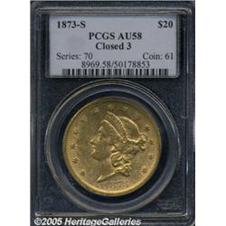 1873-S $20 Closed 3 AU58 PCGS. An essentially Unc
