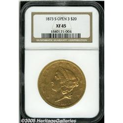 1873-S $20 Open 3 XF45 NGC. Well struck with brig