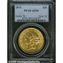 1874 $20 AU58 PCGS. A somewhat scarcer Type Two d