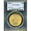 1891-S $20 MS62 PCGS. Apricot-gold surfaces displ