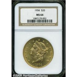 1904 $20 MS64 NGC. Sharply struck, with lustrous 