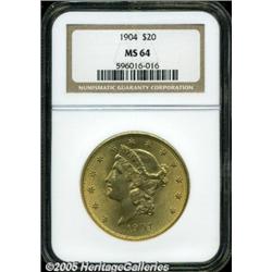 1904 $20 MS64 NGC. Soft glowing luster emits from