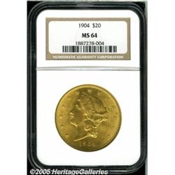 1904 $20 MS64 NGC. Well struck with full, shimmer