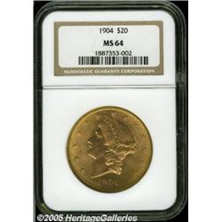 1904 $20 MS64 NGC. Well struck with lovely deep c