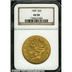 1905 $20 AU58 NGC. Well struck and lightly worn, 