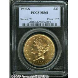 1905-S $20 MS61 PCGS. Sharply struck with startli