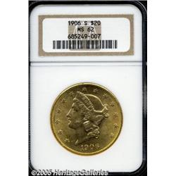 1906-S $20 MS62 NGC. An attractive orange-gold Li