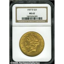 1907-D $20 MS62 NGC. Adequately struck, with apri