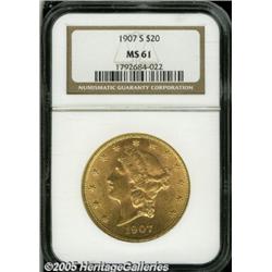 1907-S $20 MS61 NGC. A lustrous and lovely Mint S