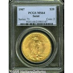 1907 $20 Arabic Numerals MS64 PCGS. Lustrous surf