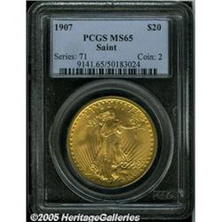1907 $20 Arabic Numerals MS65 PCGS. This satiny G