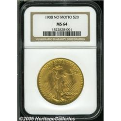 1908 $20 No Motto MS64 NGC. Undisturbed cartwheel