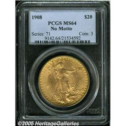 1908 $20 No Motto MS64 PCGS. Frosty pinkish-gold 