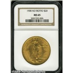 1908 $20 No Motto MS65 NGC. An attractive type co