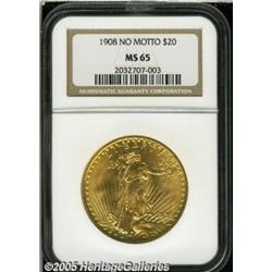 1908 $20 No Motto MS65 NGC. An impressive type co