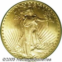 1923-D $20 MS66 PCGS. Intense luster with copper-